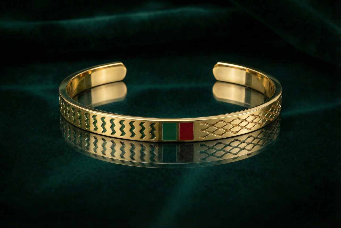 Gold Plated Zigzag Cuff with Green & Red Stones