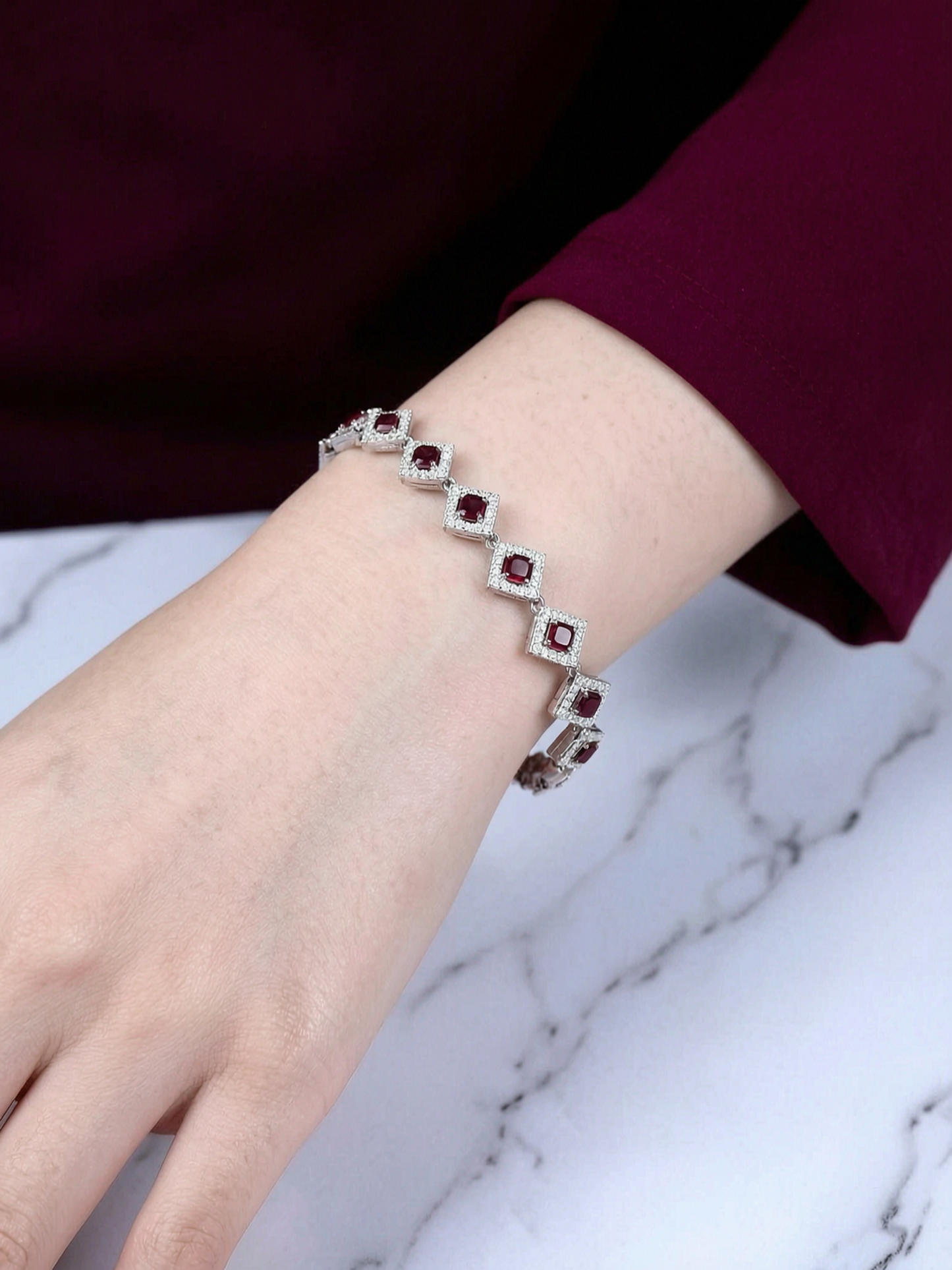 Silver Ruby Bracelet - Geometric Ruby & Diamond Pattern