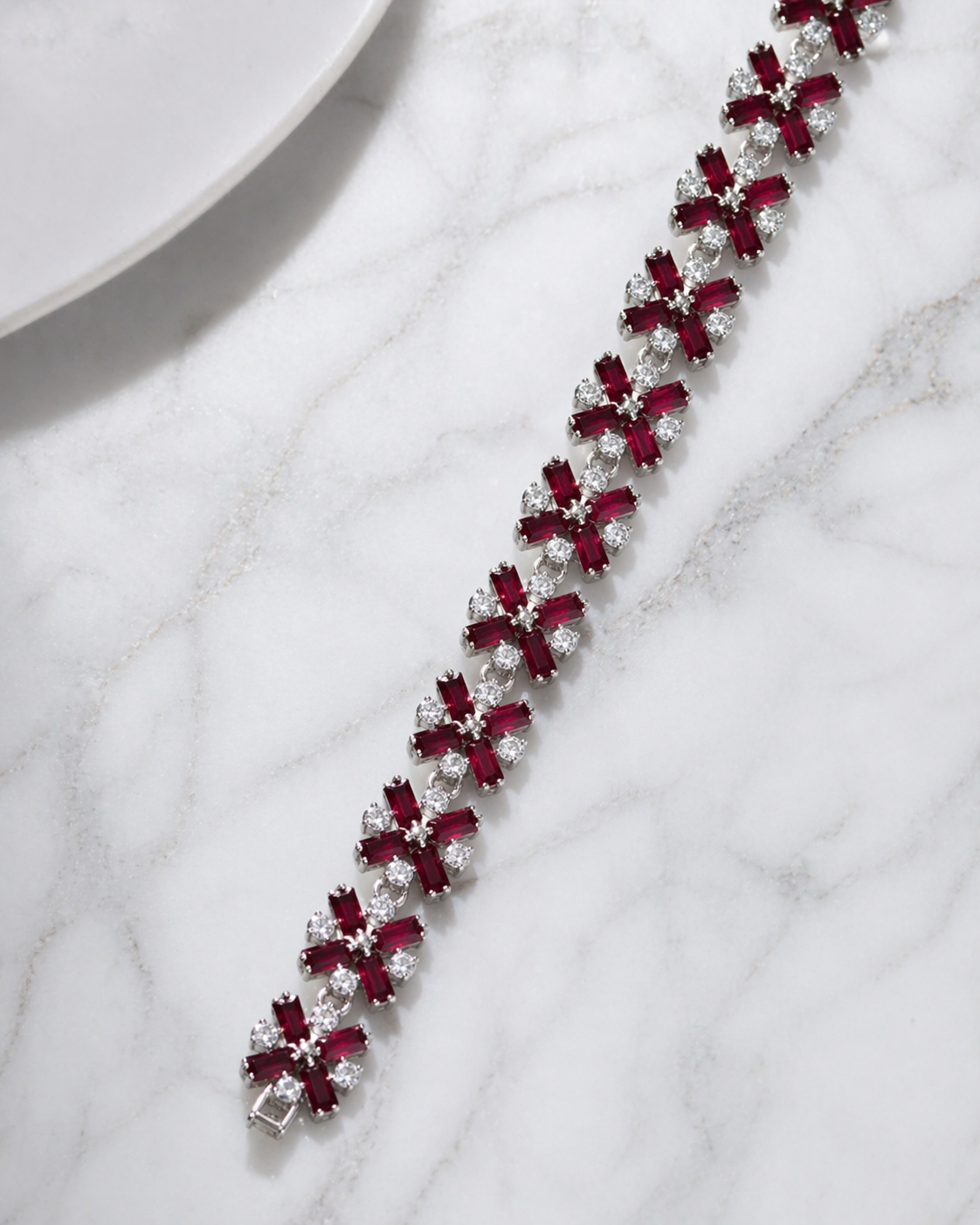 Silver Ruby Tennis Bracelet - Classic Red & White Design