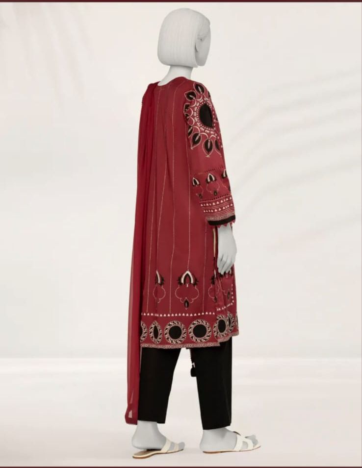 J. 2 PIECE RED EMBOSSED LAWN STITCHED