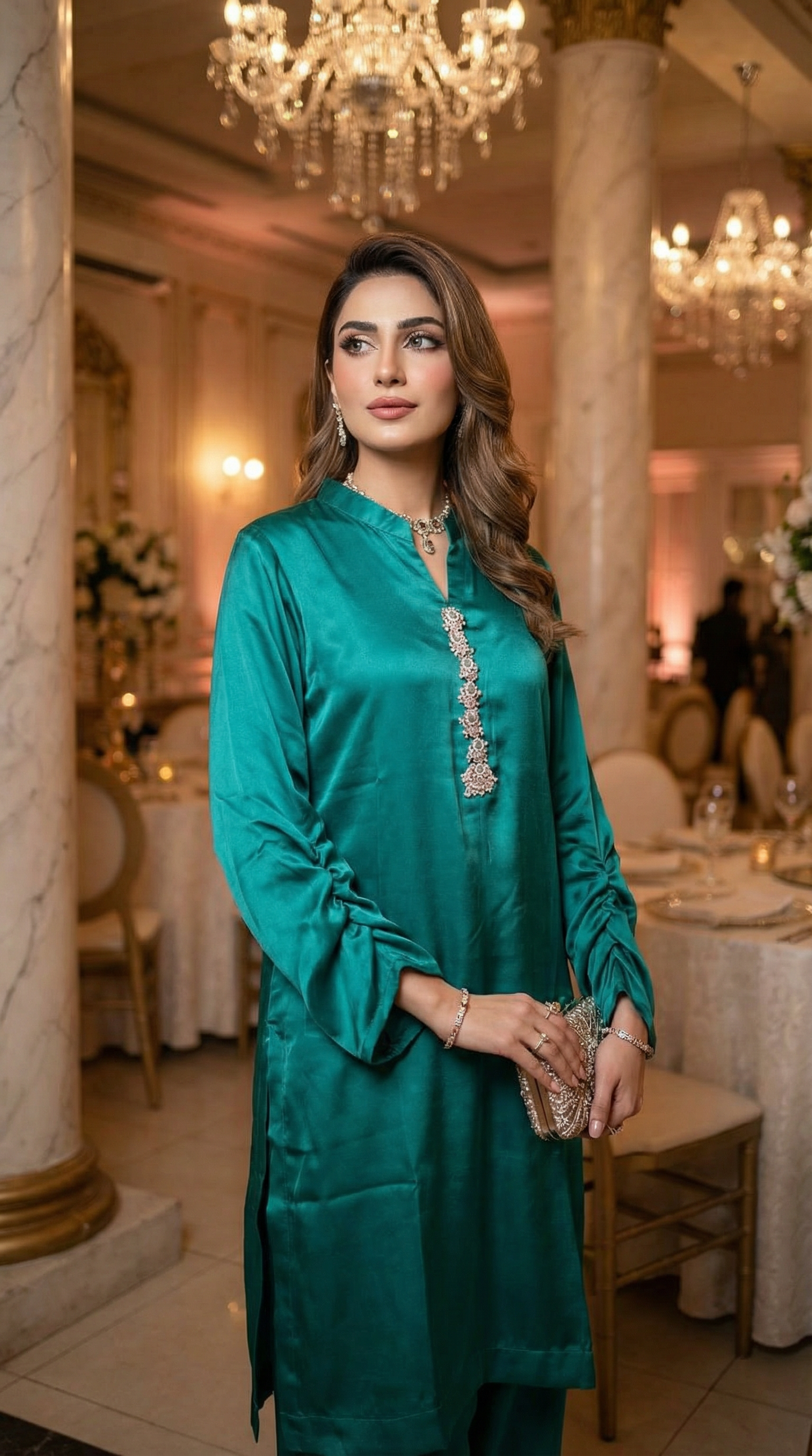 Deep Teal Silk Kurti | Embroidered Panel Formal Wear