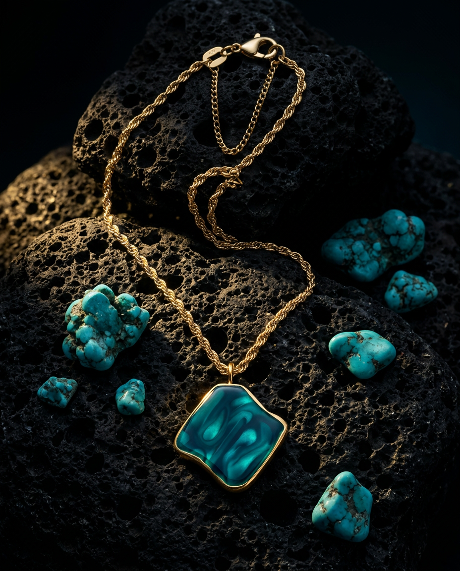 Turquoise Stone Pendant Necklace – Gold Rope Chain