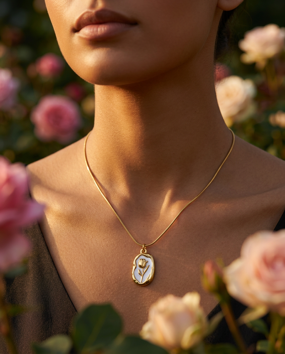 Tulip Locket Pendant Necklace – Gold Herringbone Chain