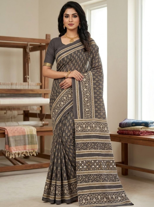 Premium Block Print Cotton Lawn Saree