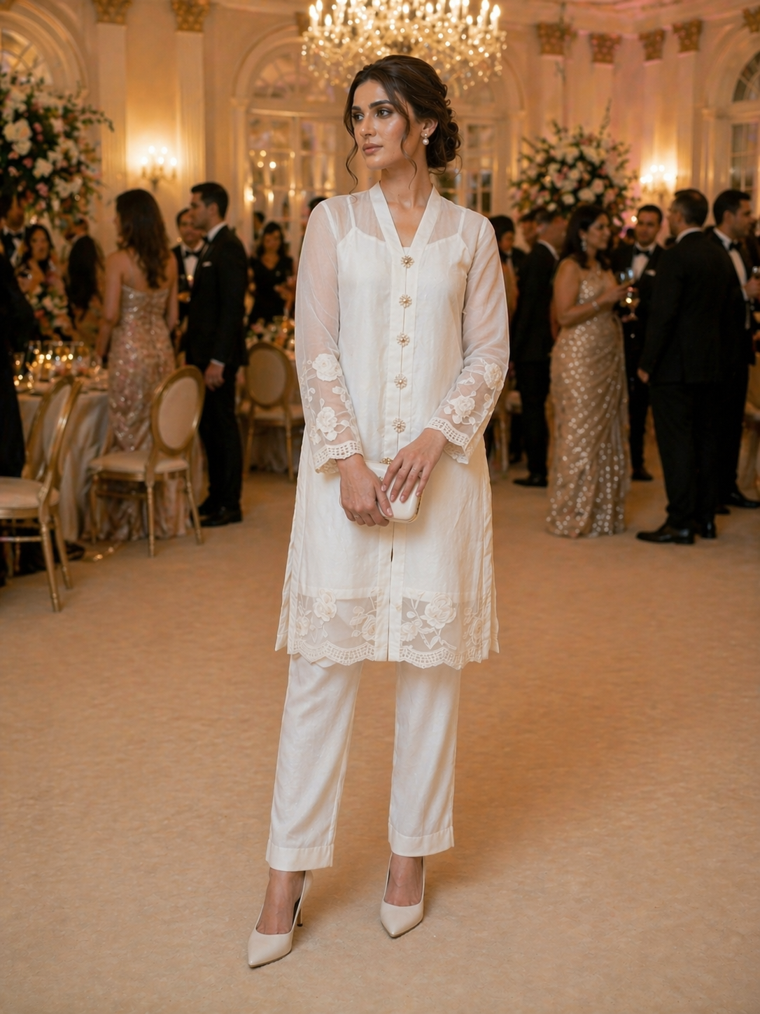 Ivory Lace Silk Kurti | Formal Silk Occasion Wear