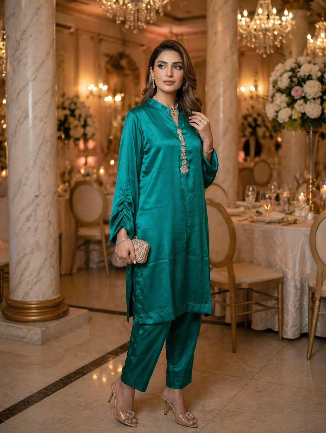 Deep Teal Silk Kurti | Embroidered Panel Formal Wear