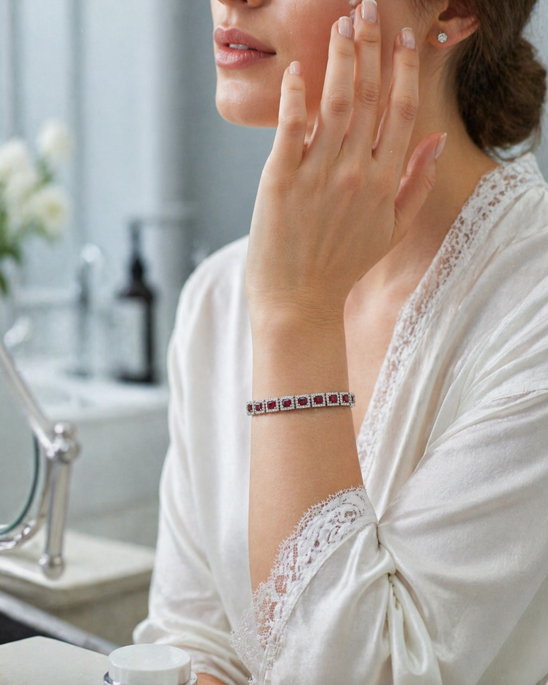 Silver Ruby Bracelet - Densely Clustered Red Stones