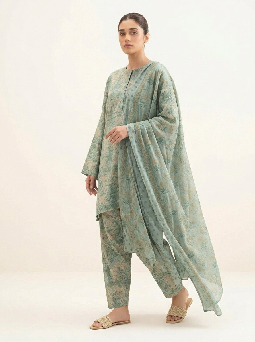 Sapphire 3 Piece Arabic Lawn Shirt with Straight Shalwar with Lawn Dupatta