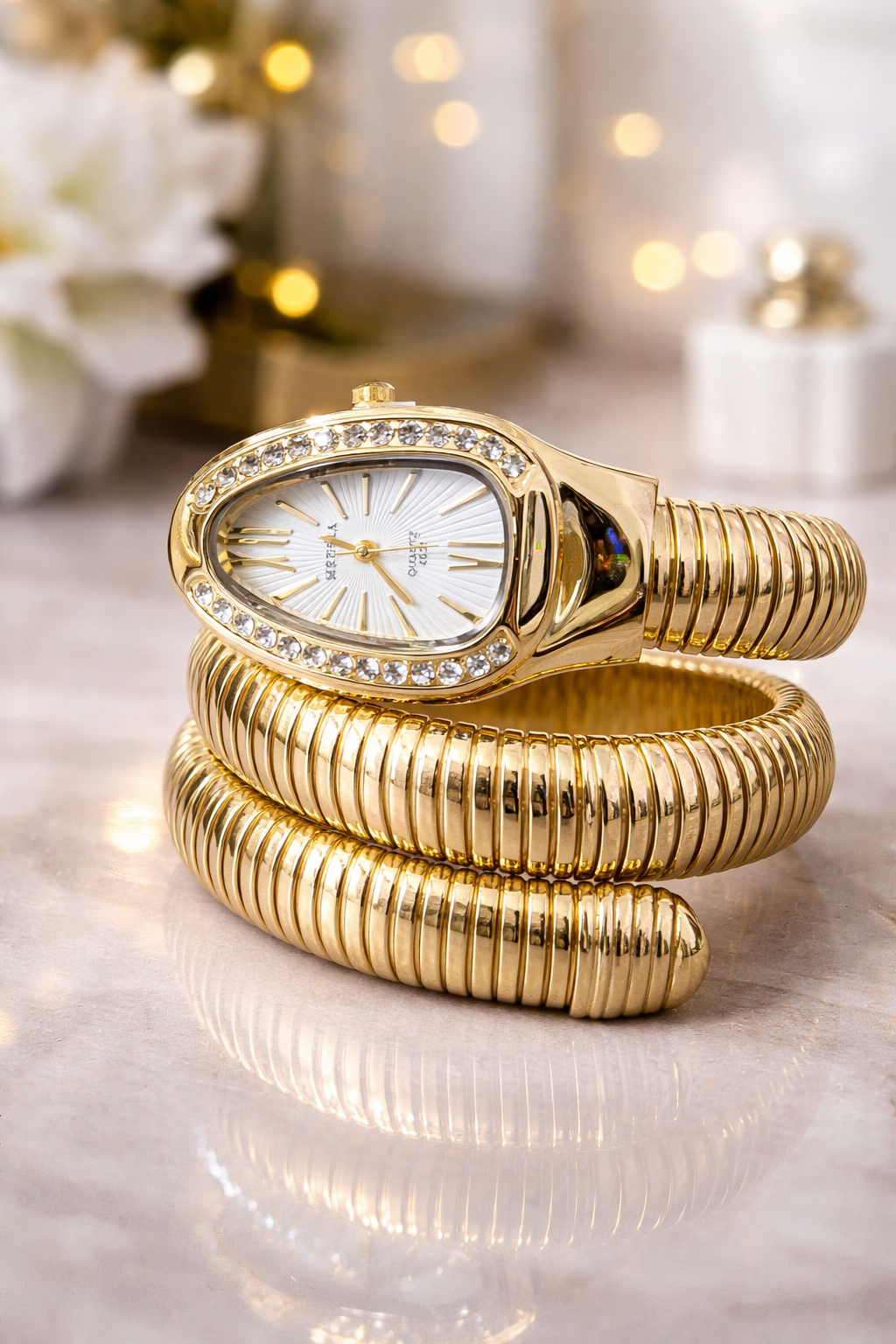 Gold Snake Wrap Watch Bracelet - Classic White Face Luxury Design