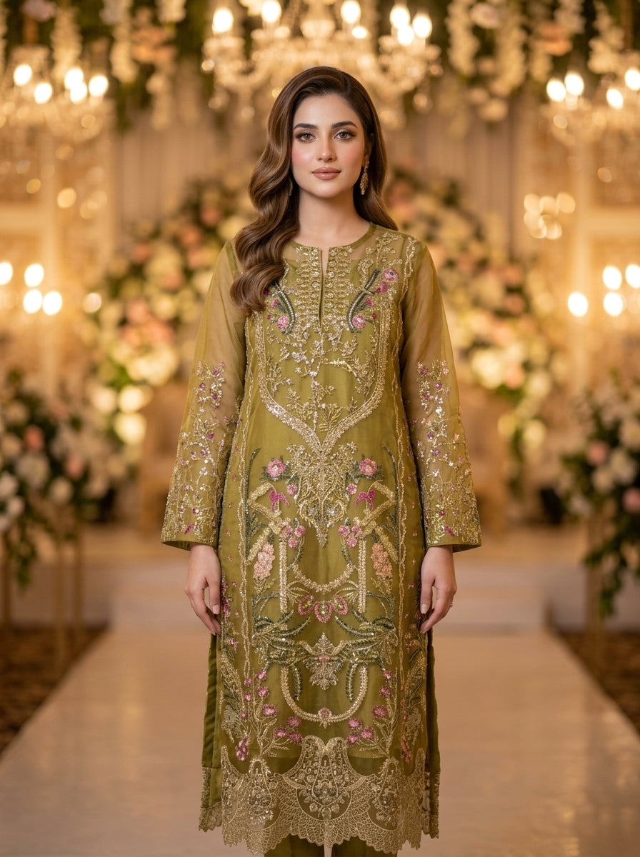 Sana Safinaz Olive Green Embroidered Organza Shirt & Peach Dupatta – Luxury Wedding Wear