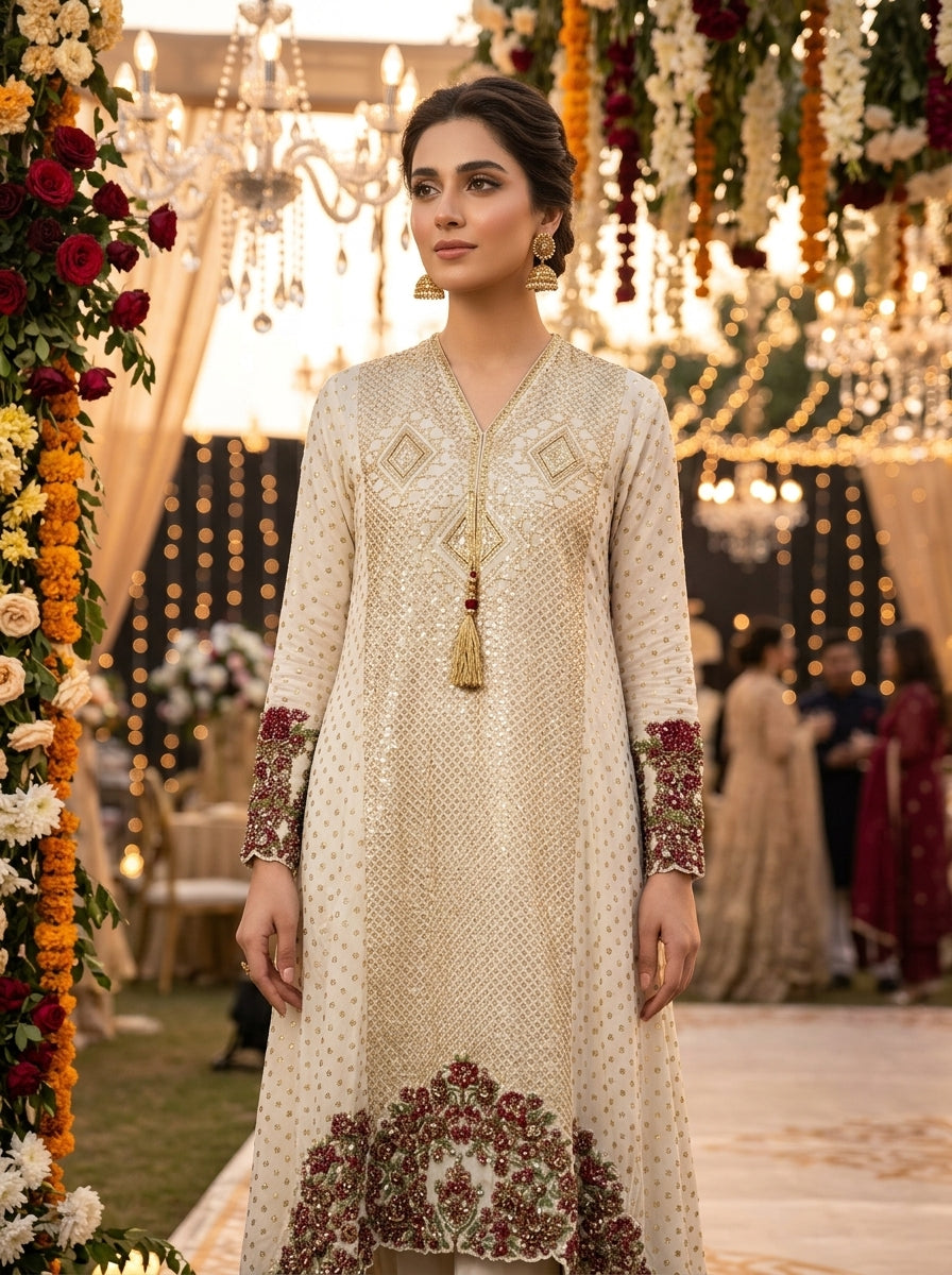 Khaadi Luxury Wedding Kurta - Cream Embroidered with Gold & Maroon Details