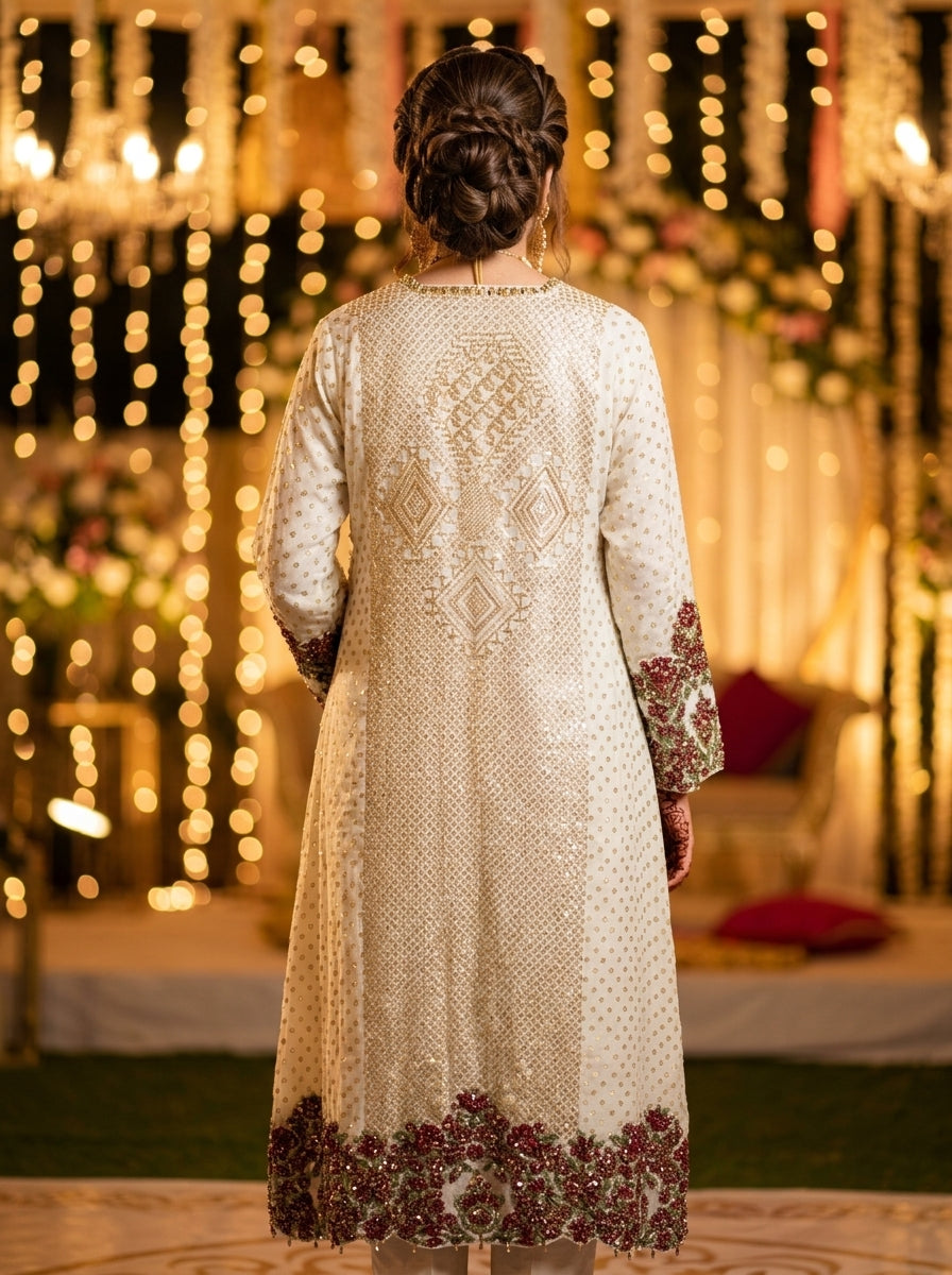 Khaadi Luxury Wedding Kurta - Cream Embroidered with Gold & Maroon Details