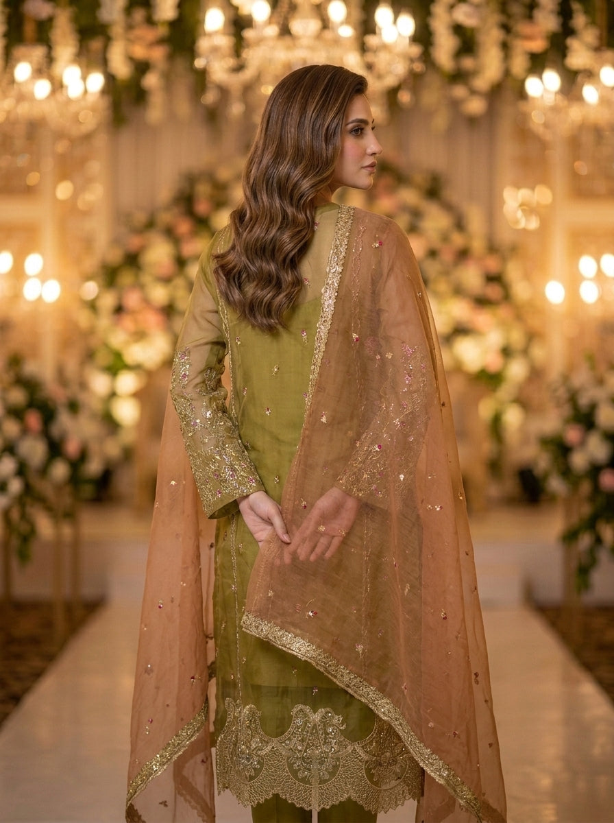 Sana Safinaz Olive Green Embroidered Organza Shirt & Peach Dupatta – Luxury Wedding Wear