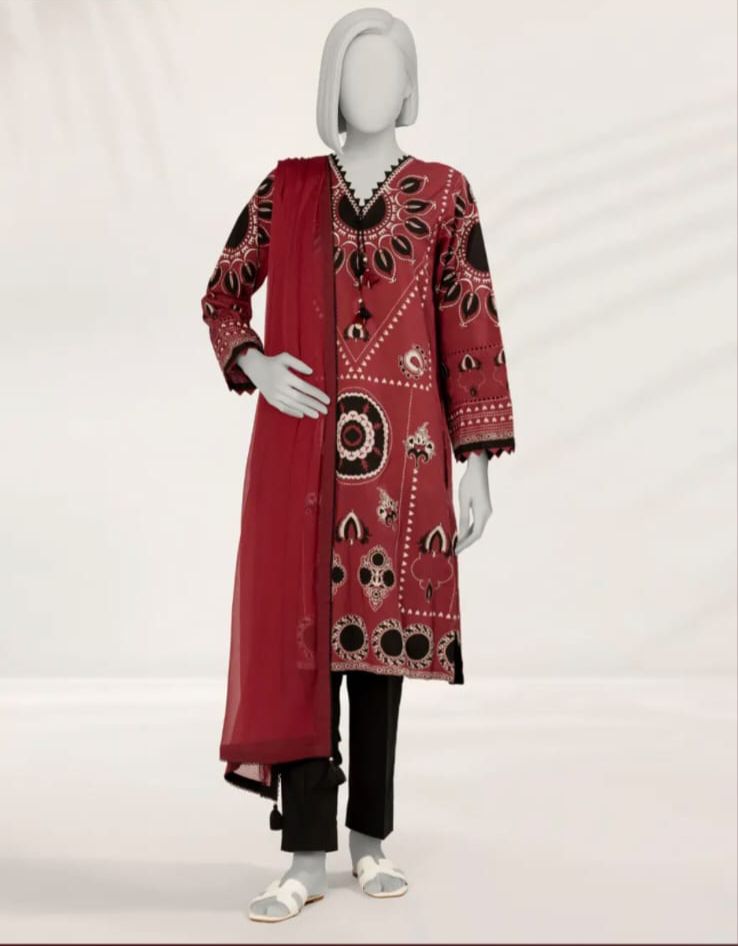 J. 2 PIECE RED EMBOSSED LAWN STITCHED