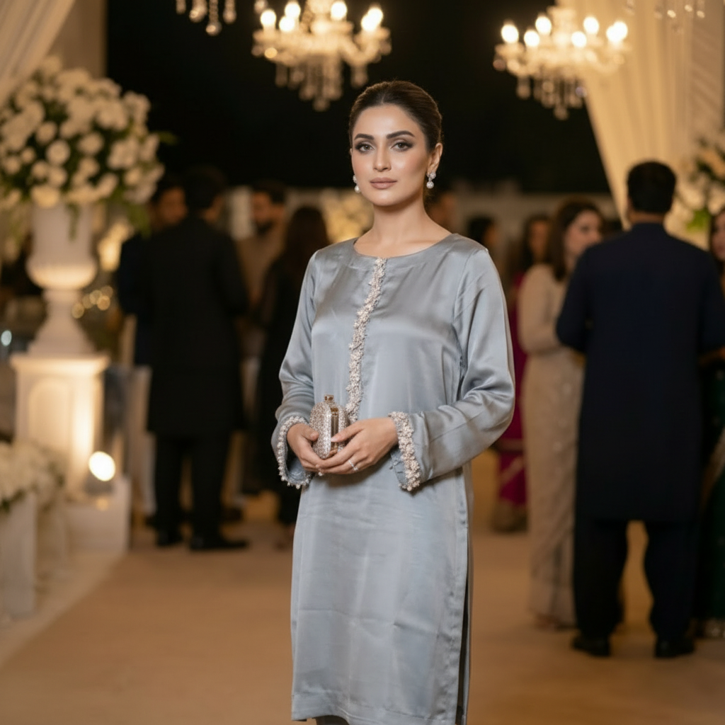 Silver-Grey Silk Kurti | Embroidered Trim Formal Wear