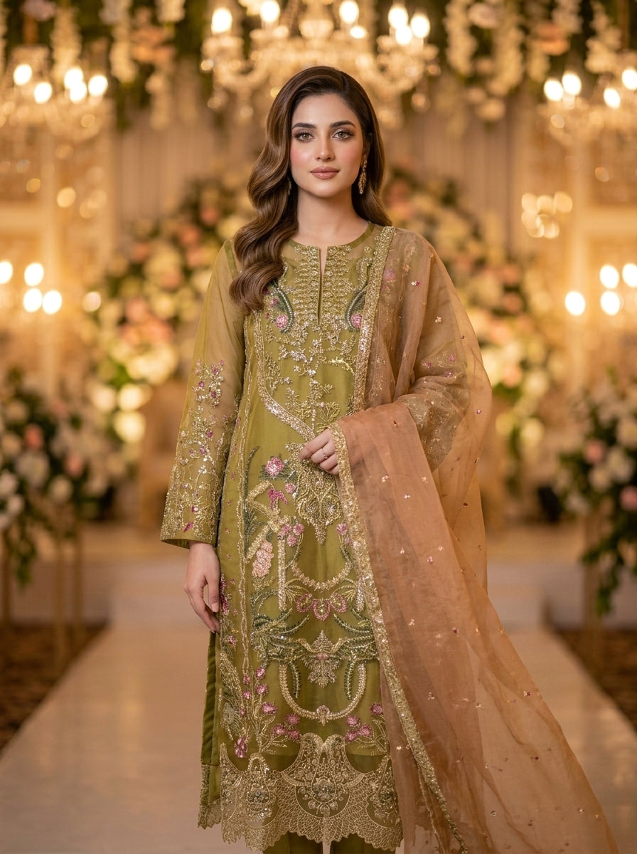 Sana Safinaz Olive Green Embroidered Organza Shirt & Peach Dupatta – Luxury Wedding Wear