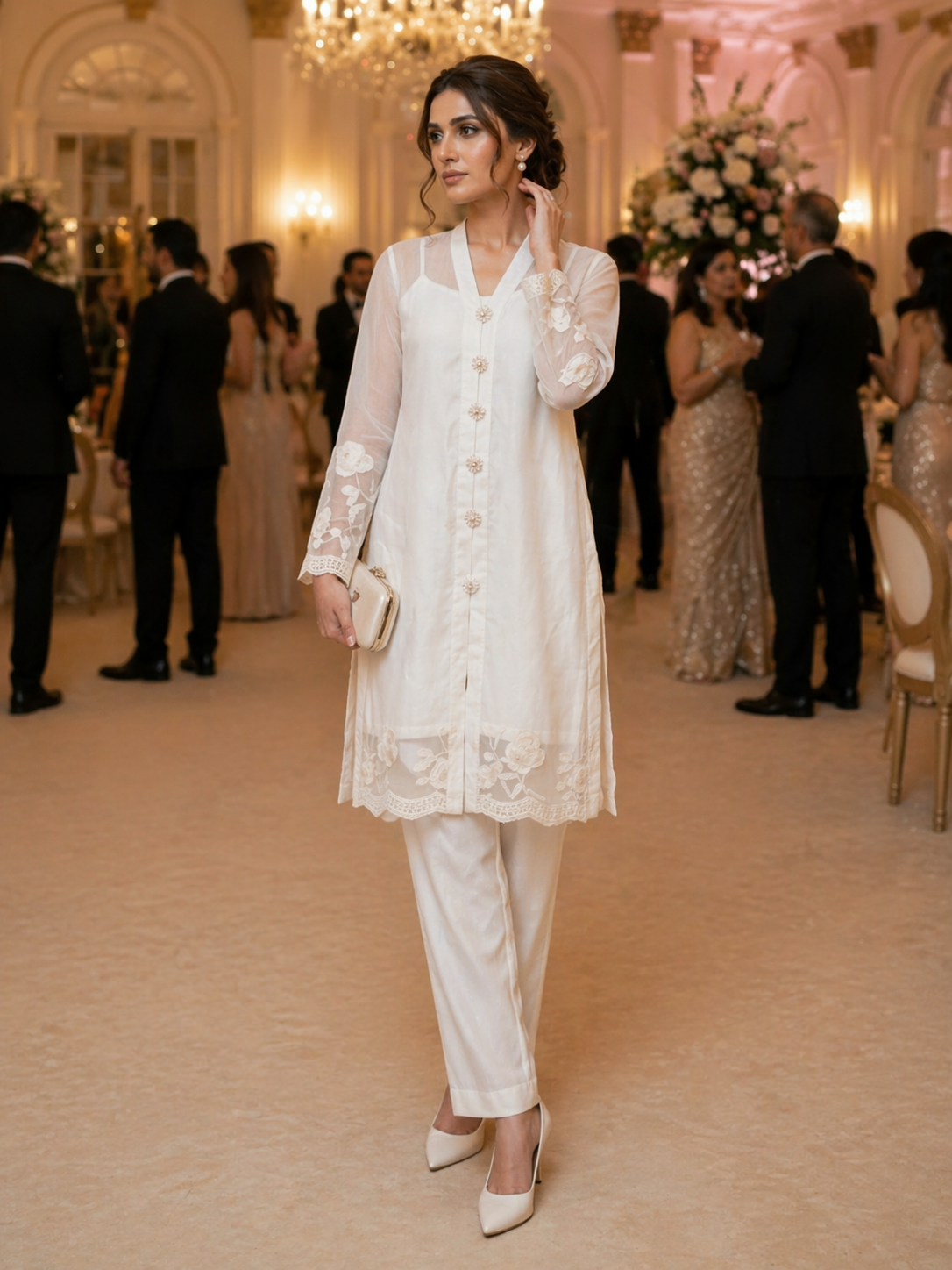 Ivory Lace Silk Kurti | Formal Silk Occasion Wear
