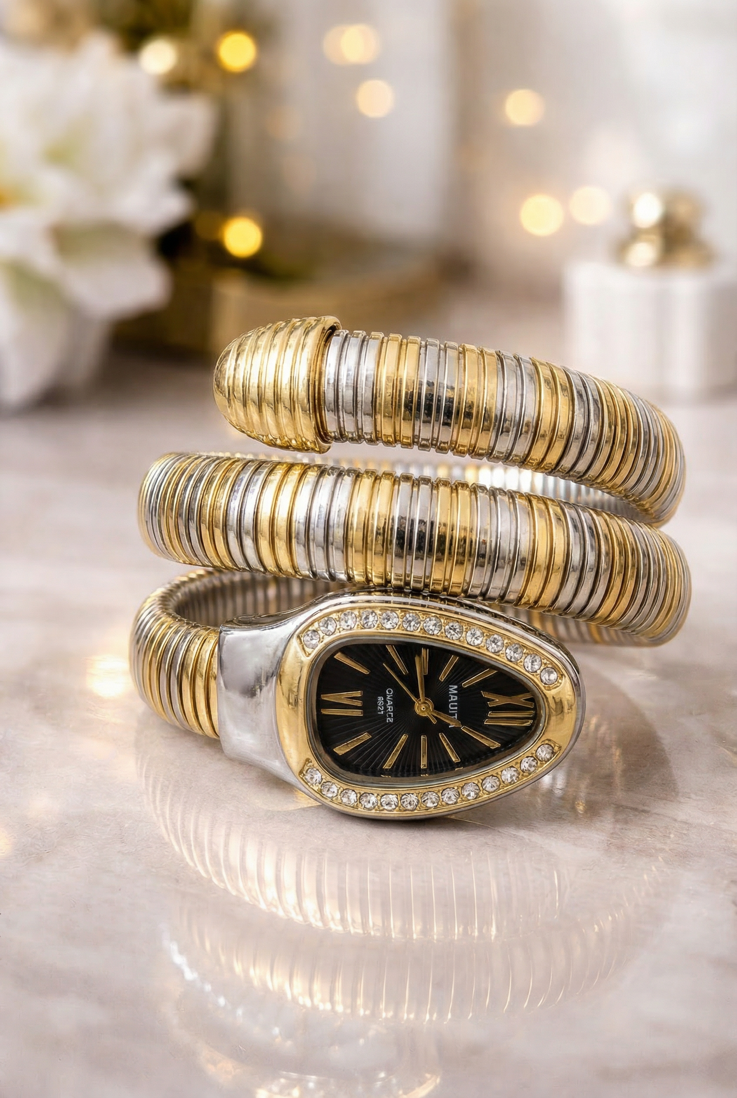Two-Tone Snake Wrap Watch Bracelet - Black Dial Gold & Silver Design