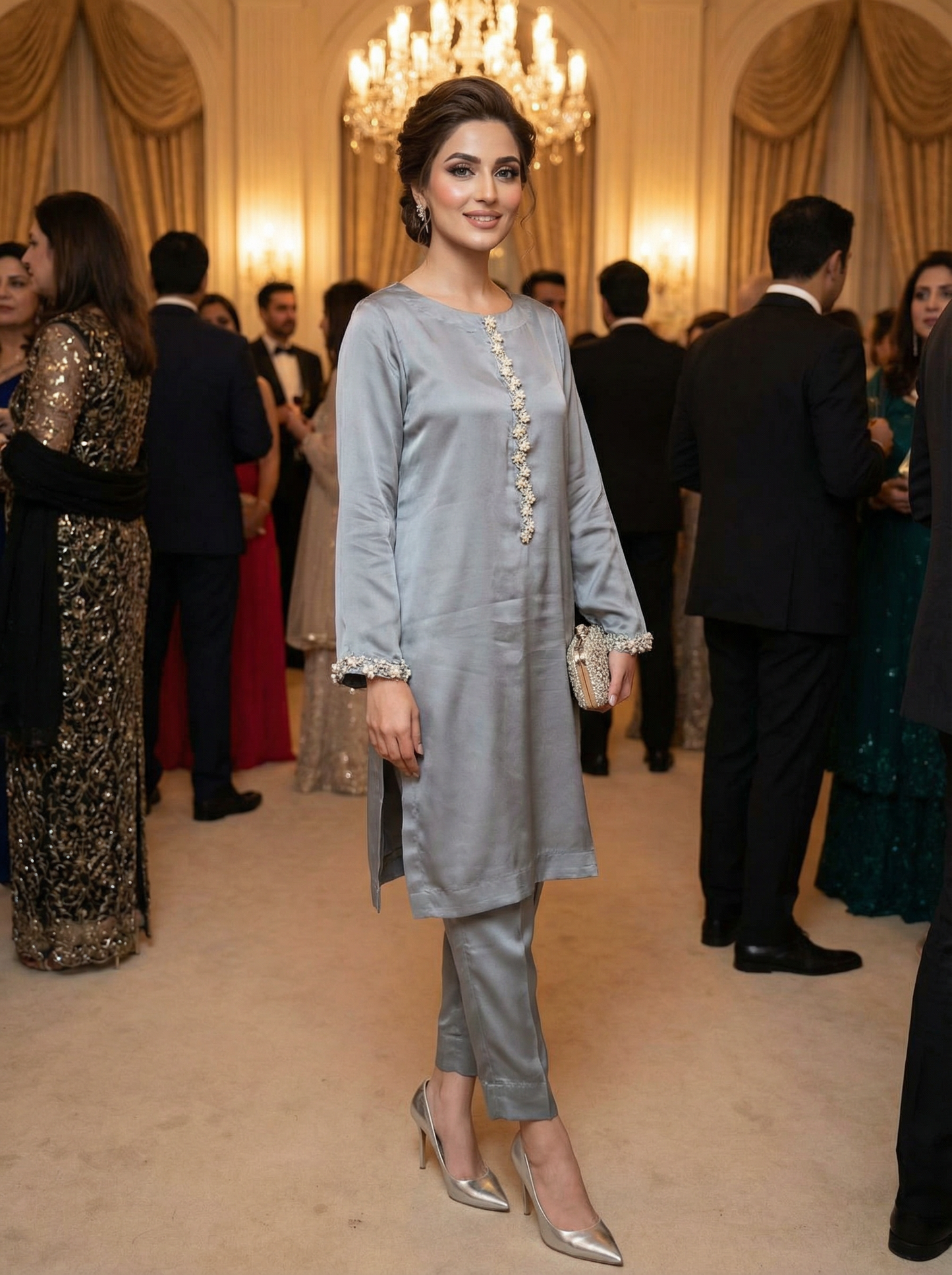 Silver-Grey Silk Kurti | Embroidered Trim Formal Wear