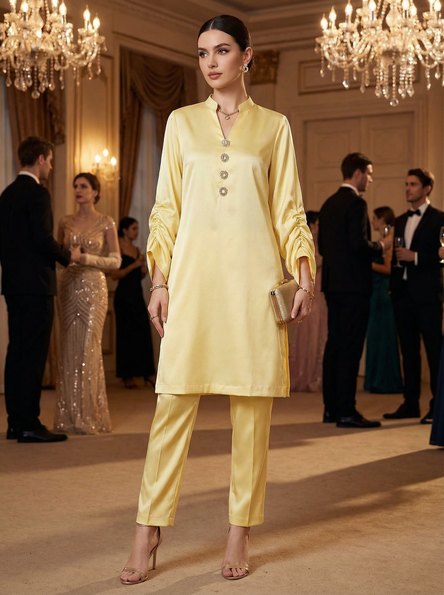 Golden Yellow Silk Kurti | Ruched Sleeves Formal Wear