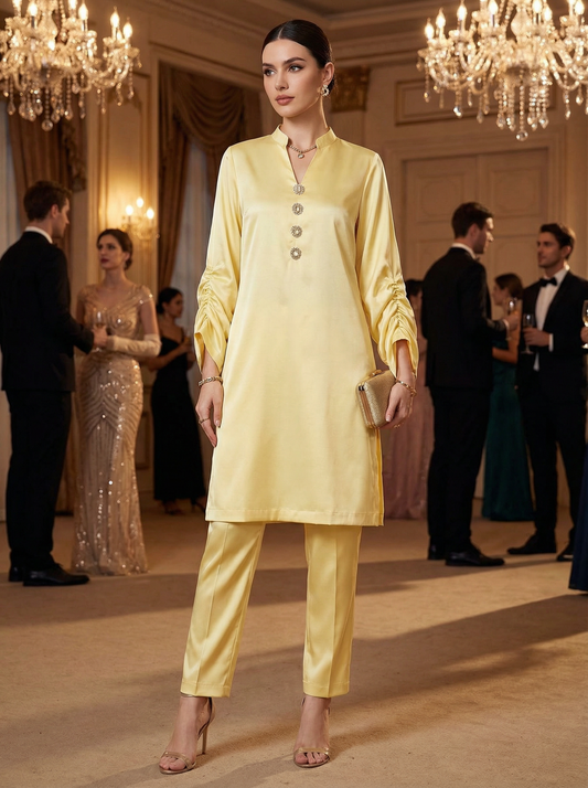 Golden Yellow Silk Kurti | Ruched Sleeves Formal Wear