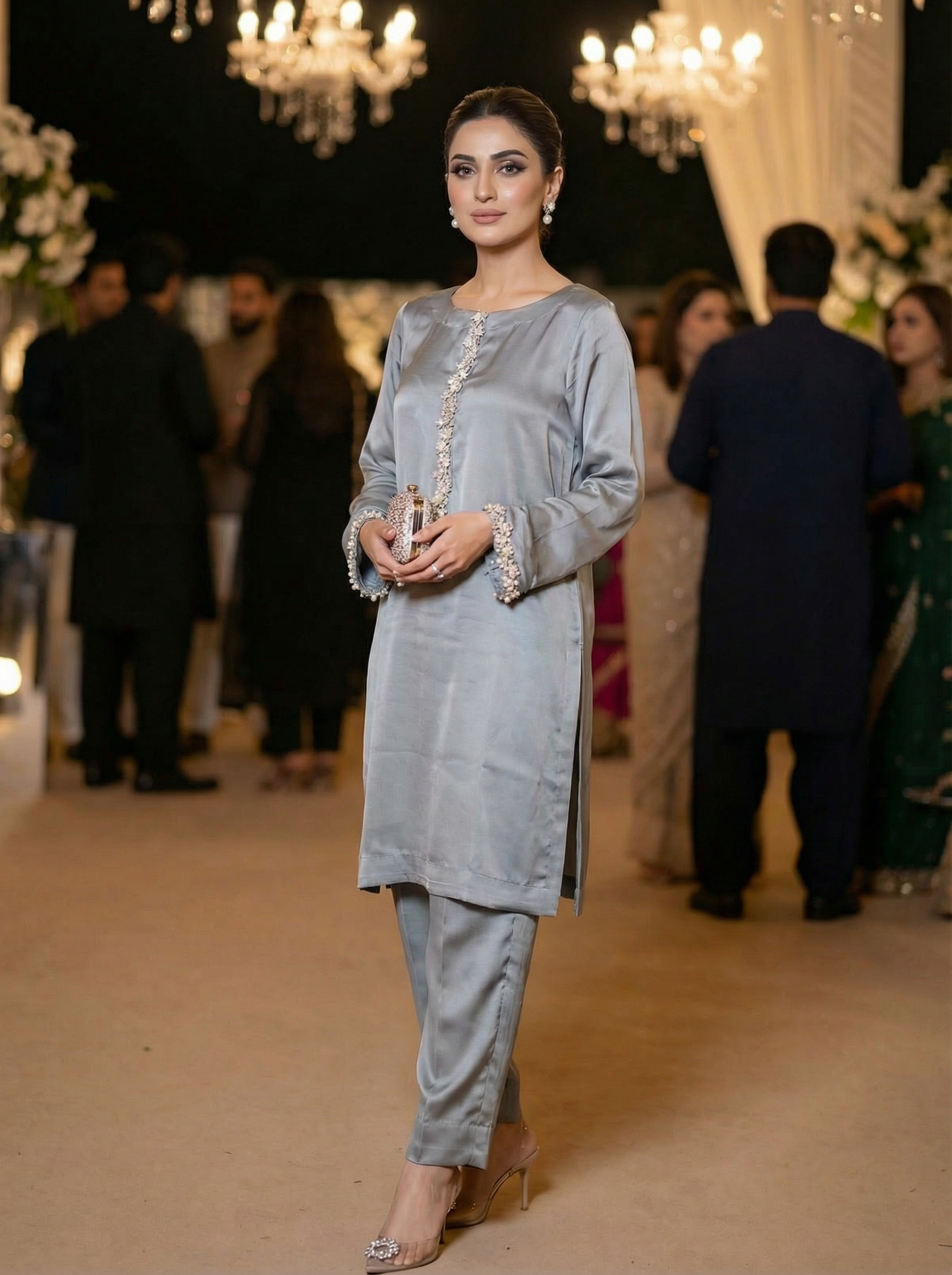 Silver-Grey Silk Kurti | Embroidered Trim Formal Wear