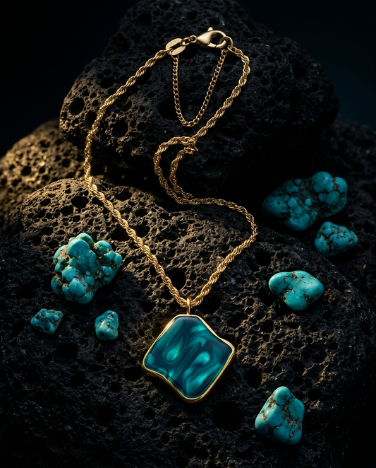Turquoise Stone Pendant Necklace – Gold Rope Chain
