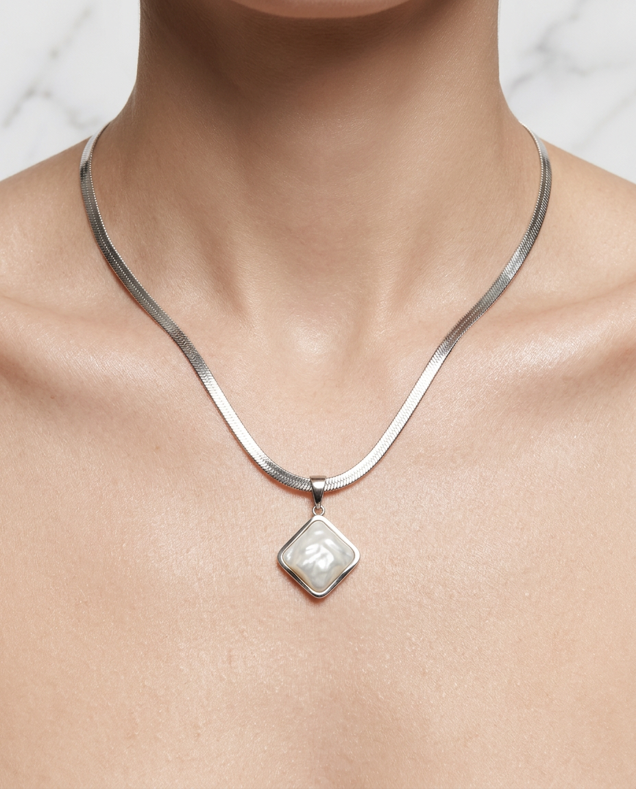Mother of Pearl Diamond Pendant Necklace – Silver Herringbone Chain